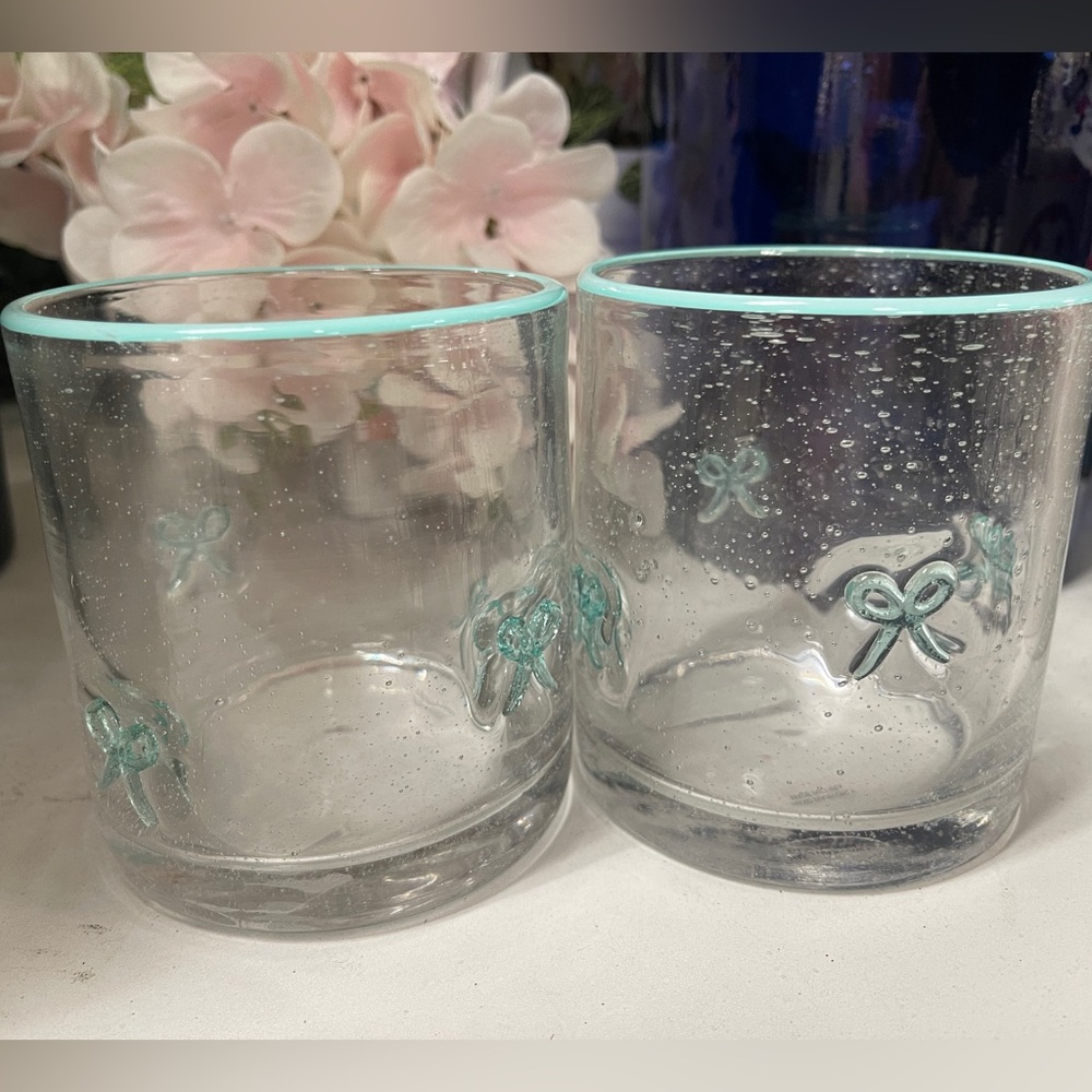 Tiffany Blue Bow Ribbon Lampwork Embedded Drinking Glasses Set of 2 Coquette NWT